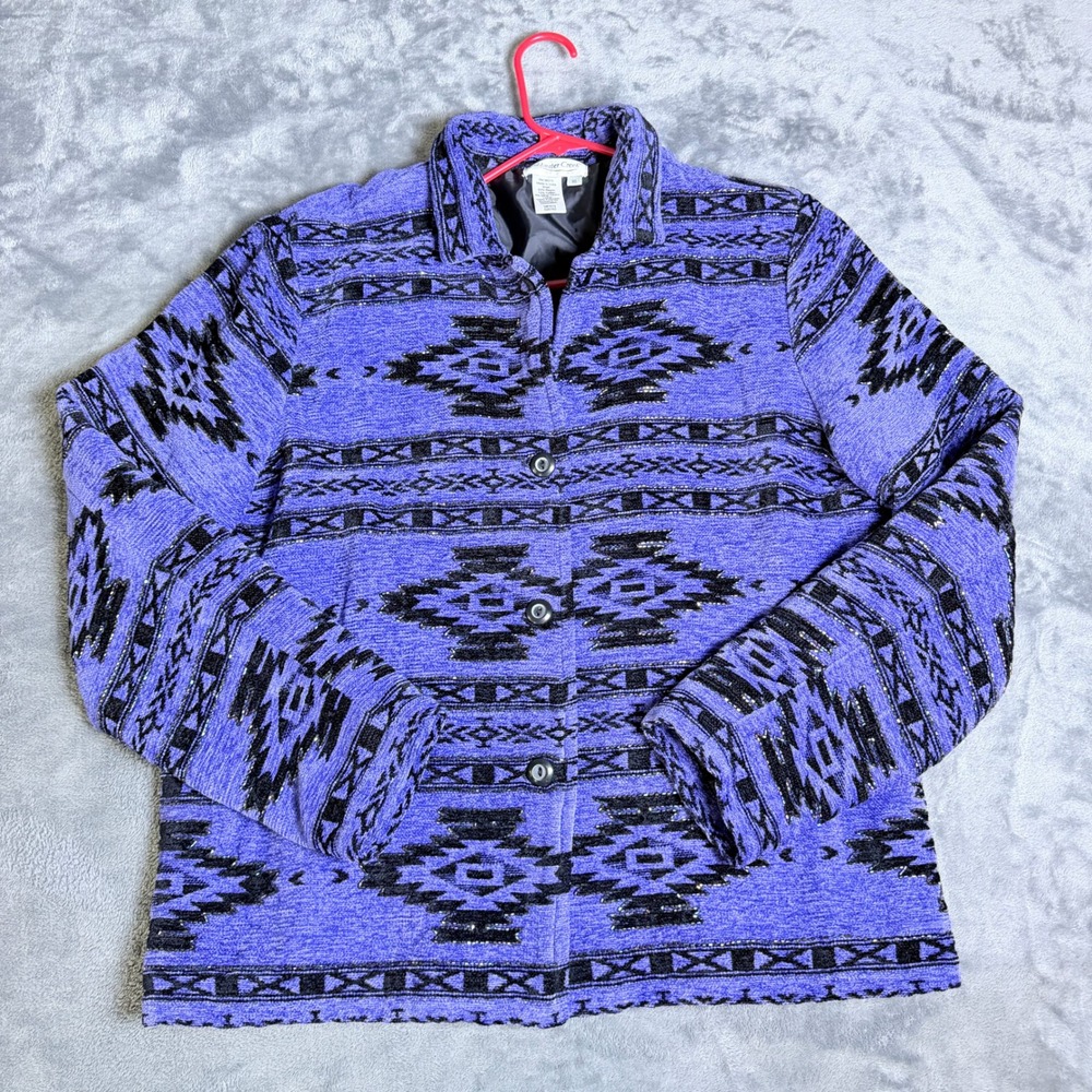 Coldwater Creek Purple Southwestern Beaded Jacket Womens XL Aztec Button Up